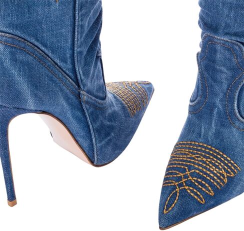 Saint Leia Women's Fashion Denim Stiletto Heel Tall Boots Embroideries Casual Proced in Kuwait