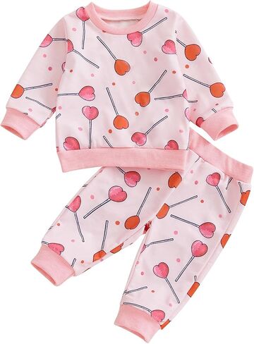 Toddler Girl Valentine's Day Outfits Heart Candy Print Long Sleeve Sweatshirt Pants Set Infant Spring Fall Clothes in Kuwait