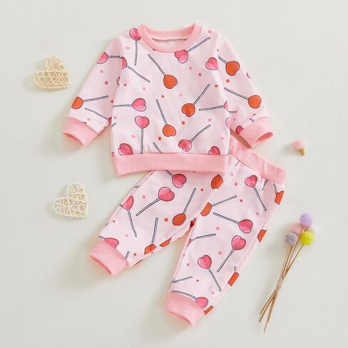 Toddler Girl Valentine's Day Outfits Heart Candy Print Long Sleeve Sweatshirt Pants Set Infant Spring Fall Clothes in Kuwait