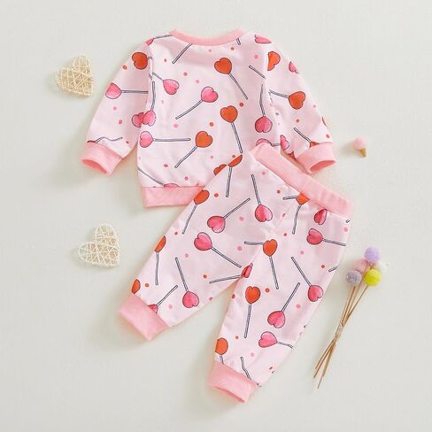 Toddler Girl Valentine's Day Outfits Heart Candy Print Long Sleeve Sweatshirt Pants Set Infant Spring Fall Clothes in Kuwait