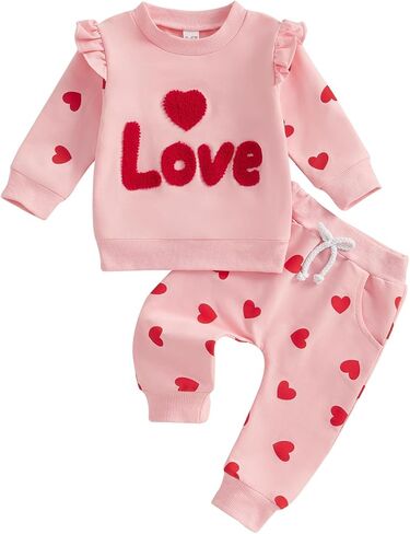 Toddler Girl Valentine's Day Outfits Heart Candy Print Long Sleeve Sweatshirt Pants Set Infant Spring Fall Clothes in Kuwait