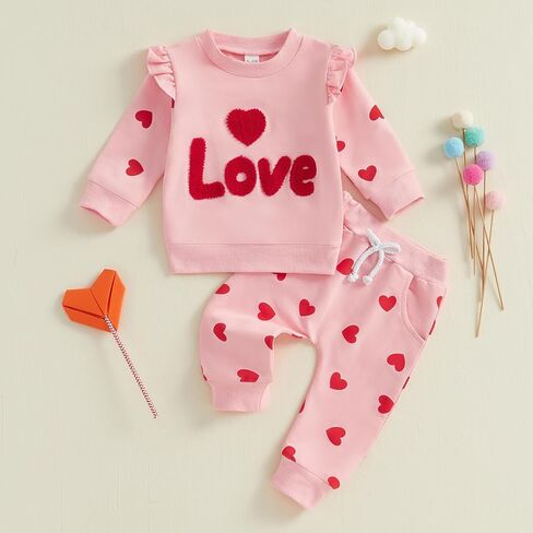 Toddler Girl Valentine's Day Outfits Heart Candy Print Long Sleeve Sweatshirt Pants Set Infant Spring Fall Clothes in Kuwait