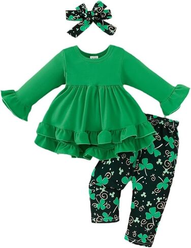 غوشيير طفل طفل طفلة سانت باتريكز يوم الزي البرسيم الكشكش الطويل الأكمام تونك فستان أعلى السراويل in Kuwait