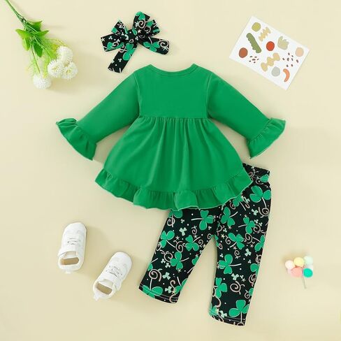 غوشيير طفل طفل طفلة سانت باتريكز يوم الزي البرسيم الكشكش الطويل الأكمام تونك فستان أعلى السراويل in Kuwait