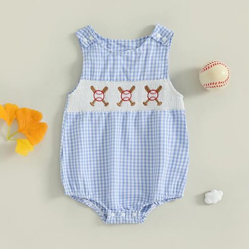 Baby Girl Boy Summer Clothes Baseball Embroidery Overall Smocked Newborn Infant Rompers One Piece Outfit in Kuwait