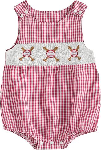 Baby Girl Boy Summer Clothes Baseball Embroidery Overall Smocked Newborn Infant Rompers One Piece Outfit in Kuwait