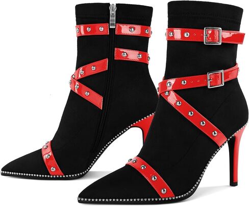 Joseywade Womens Ankle Booties 3.7 Inch Heel High Stiletto Boots Beaded Studded Pointed Toe Side Zipper Boots Size 5-13 in Saudi Arabia