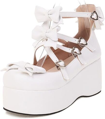 Elbslutt Womens Goth Mary Jane Shoes Platform Kawaii Cosplay Girls Lolita Shoes Round Toe Buckle Cross-Tied Strap Chunky Wedge Heel Bow Y2k Ankle Strap Dress Pumps Oxfords Shoes in Kuwait