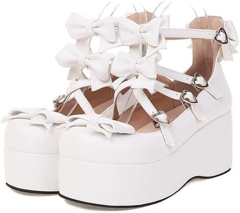 Elbslutt Womens Goth Mary Jane Shoes Platform Kawaii Cosplay Girls Lolita Shoes Round Toe Buckle Cross-Tied Strap Chunky Wedge Heel Bow Y2k Ankle Strap Dress Pumps Oxfords Shoes in Kuwait