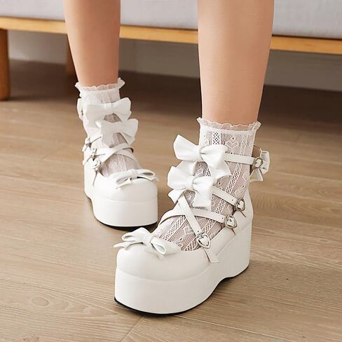 Elbslutt Womens Goth Mary Jane Shoes Platform Kawaii Cosplay Girls Lolita Shoes Round Toe Buckle Cross-Tied Strap Chunky Wedge Heel Bow Y2k Ankle Strap Dress Pumps Oxfords Shoes in Kuwait