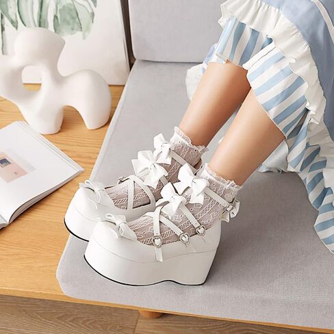 Elbslutt Womens Goth Mary Jane Shoes Platform Kawaii Cosplay Girls Lolita Shoes Round Toe Buckle Cross-Tied Strap Chunky Wedge Heel Bow Y2k Ankle Strap Dress Pumps Oxfords Shoes in Kuwait