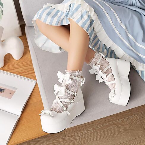 Elbslutt Womens Goth Mary Jane Shoes Platform Kawaii Cosplay Girls Lolita Shoes Round Toe Buckle Cross-Tied Strap Chunky Wedge Heel Bow Y2k Ankle Strap Dress Pumps Oxfords Shoes in Kuwait