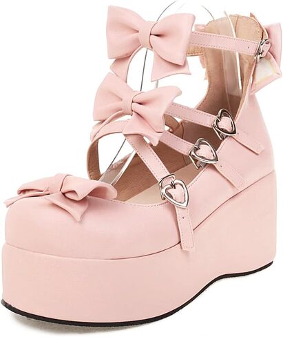 Elbslutt Womens Goth Mary Jane Shoes Platform Kawaii Cosplay Girls Lolita Shoes Round Toe Buckle Cross-Tied Strap Chunky Wedge Heel Bow Y2k Ankle Strap Dress Pumps Oxfords Shoes in Kuwait