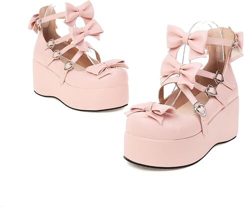 Elbslutt Womens Goth Mary Jane Shoes Platform Kawaii Cosplay Girls Lolita Shoes Round Toe Buckle Cross-Tied Strap Chunky Wedge Heel Bow Y2k Ankle Strap Dress Pumps Oxfords Shoes in Kuwait