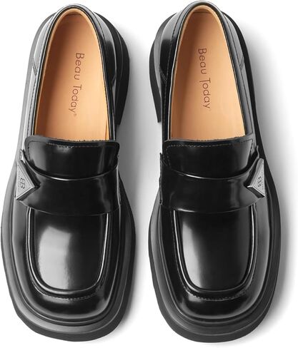 BEAU TODAY Womens Platform Loafers, Chunky Loafers for Women, Comfortable Slip-on Genuine Leather Loafers, Business Casual Chunky Heel Round Toe Dress Shoes in Kuwait