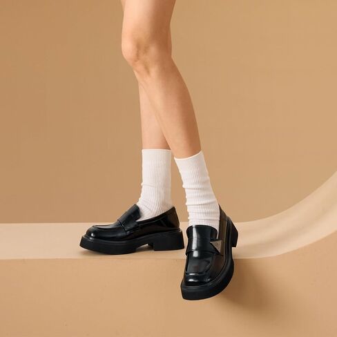 BEAU TODAY Womens Platform Loafers, Chunky Loafers for Women, Comfortable Slip-on Genuine Leather Loafers, Business Casual Chunky Heel Round Toe Dress Shoes in Kuwait