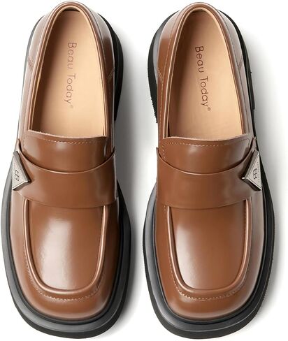 BEAU TODAY Womens Platform Loafers, Leather Penny Loafer Shoes | Comfortable, Chunky Heel, Slip-on, Non-Slip Durable, Round Toe Business Casual Loafers in Saudi Arabia