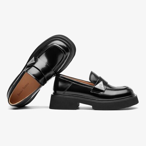 BEAU TODAY Womens Platform Loafers, Chunky Loafers for Women, Comfortable Slip-on Genuine Leather Loafers, Business Casual Chunky Heel Round Toe Dress Shoes in Kuwait