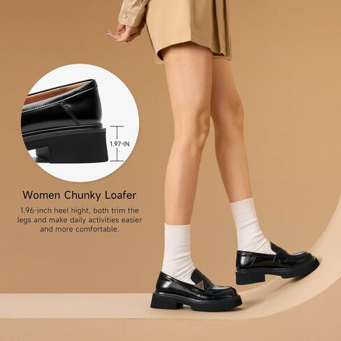 BEAU TODAY Womens Platform Loafers, Chunky Loafers for Women, Comfortable Slip-on Genuine Leather Loafers, Business Casual Chunky Heel Round Toe Dress Shoes in Kuwait
