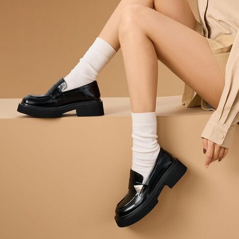 BEAU TODAY Womens Platform Loafers, Chunky Loafers for Women, Comfortable Slip-on Genuine Leather Loafers, Business Casual Chunky Heel Round Toe Dress Shoes in Kuwait