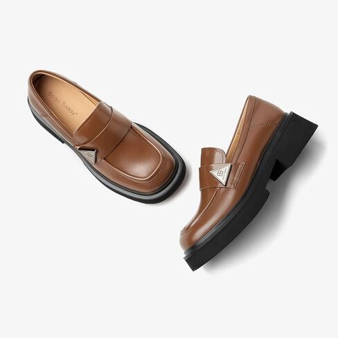 BEAU TODAY Womens Platform Loafers, Leather Penny Loafer Shoes | Comfortable, Chunky Heel, Slip-on, Non-Slip Durable, Round Toe Business Casual Loafers in Saudi Arabia