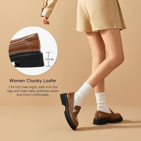 BEAU TODAY Womens Platform Loafers, Leather Penny Loafer Shoes | Comfortable, Chunky Heel, Slip-on, Non-Slip Durable, Round Toe Business Casual Loafers in Saudi Arabia