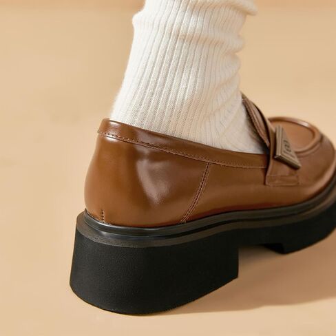 BEAU TODAY Womens Platform Loafers, Leather Penny Loafer Shoes | Comfortable, Chunky Heel, Slip-on, Non-Slip Durable, Round Toe Business Casual Loafers in Saudi Arabia
