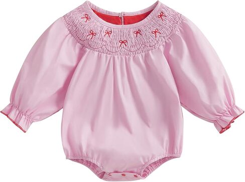 My First Valentines Day Baby Girl Outfit Newborn Plaid Smocked Bubble Romper Heart Embroidery Cute Infant Clothes in Kuwait