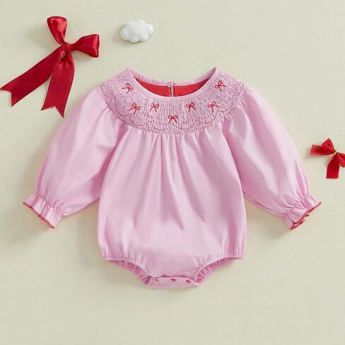 My First Valentines Day Baby Girl Outfit Newborn Plaid Smocked Bubble Romper Heart Embroidery Cute Infant Clothes in Kuwait