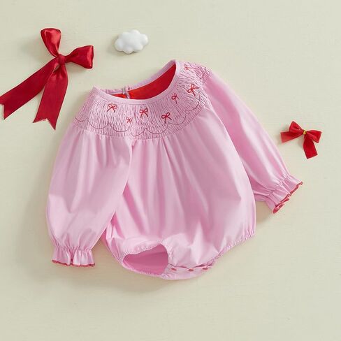 My First Valentines Day Baby Girl Outfit Newborn Plaid Smocked Bubble Romper Heart Embroidery Cute Infant Clothes in Kuwait