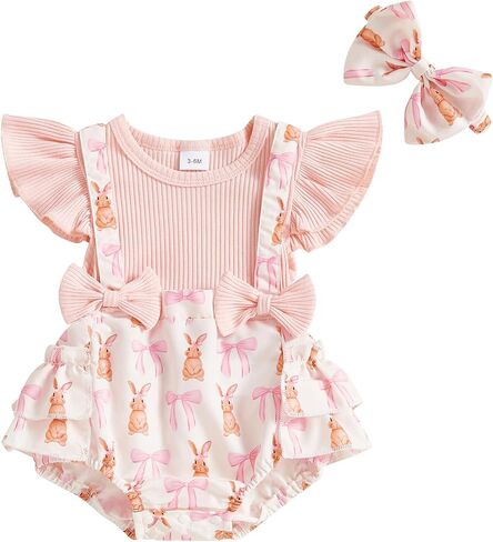 Baby Girls Easter Overall Romper Bunny Embroidered Flutter Sleeve Layered Ruffled Jumpsuit Headband Outfits in Kuwait