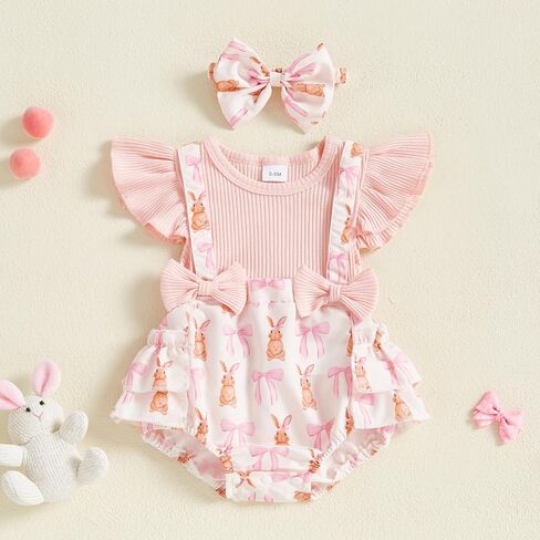 Baby Girls Easter Overall Romper Bunny Embroidered Flutter Sleeve Layered Ruffled Jumpsuit Headband Outfits in Kuwait