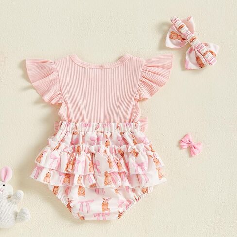 Baby Girls Easter Overall Romper Bunny Embroidered Flutter Sleeve Layered Ruffled Jumpsuit Headband Outfits in Kuwait