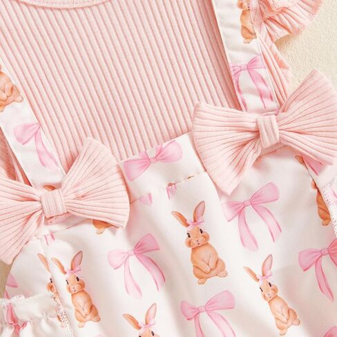 Baby Girls Easter Overall Romper Bunny Embroidered Flutter Sleeve Layered Ruffled Jumpsuit Headband Outfits in Kuwait