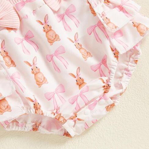 Baby Girls Easter Overall Romper Bunny Embroidered Flutter Sleeve Layered Ruffled Jumpsuit Headband Outfits in Kuwait