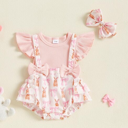 Baby Girls Easter Overall Romper Bunny Embroidered Flutter Sleeve Layered Ruffled Jumpsuit Headband Outfits in Kuwait
