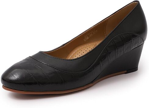 Mona flying Women's Leather Closed Toe 2 Inch Mid Wedges Heels with Arch Support Round Toe Comfortable Dress Pumps for Women Ladies in Kuwait