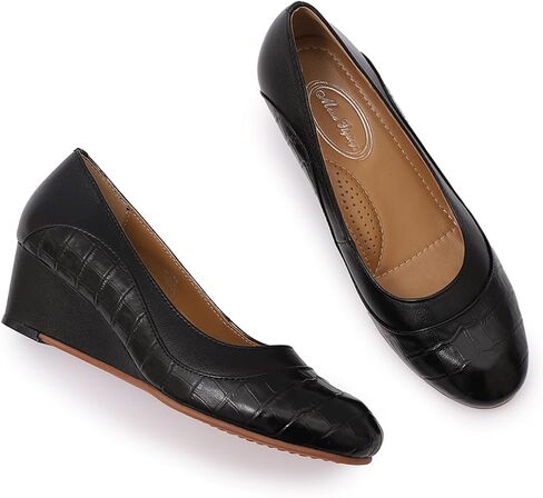 Mona flying Women's Leather Closed Toe 2 Inch Mid Wedges Heels with Arch Support Round Toe Comfortable Dress Pumps for Women Ladies in Kuwait