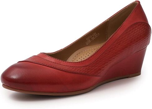 Mona flying Women's Leather Closed Toe 2 Inch Mid Wedges Heels with Arch Support Round Toe Comfortable Dress Pumps for Women Ladies in Kuwait