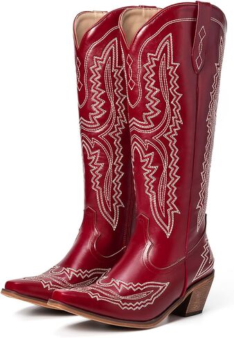 Cowboy Boots for Women Knee High Cowgirl Boots Embroidered Pointed Toe Chunky Heel Western Boots Wide Calf Side Zipper in Saudi Arabia
