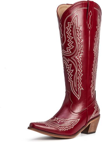 Cowboy Boots for Women Knee High Cowgirl Boots Embroidered Pointed Toe Chunky Heel Western Boots Wide Calf Side Zipper in Saudi Arabia
