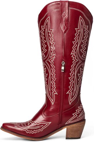 Cowboy Boots for Women Knee High Cowgirl Boots Embroidered Pointed Toe Chunky Heel Western Boots Wide Calf Side Zipper in Saudi Arabia