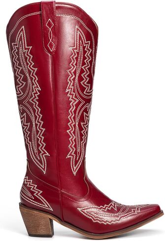 Cowboy Boots for Women Knee High Cowgirl Boots Embroidered Pointed Toe Chunky Heel Western Boots Wide Calf Side Zipper in Saudi Arabia