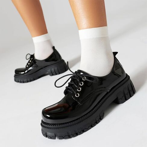 Women's Patent Leather Platform Chunky Loafers Perforated Lace-up Round Toe Wingtip Oxford Shoes Non-Slip Lug Sole Brogue Dress Shoe in Kuwait