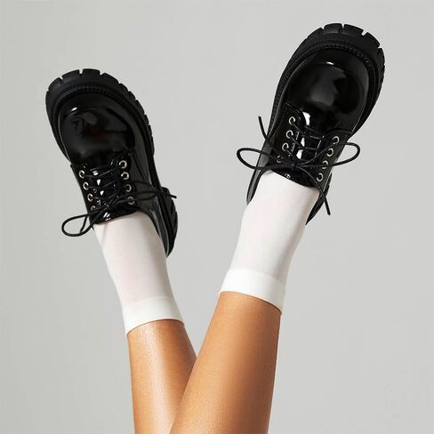 Women's Patent Leather Platform Chunky Loafers Perforated Lace-up Round Toe Wingtip Oxford Shoes Non-Slip Lug Sole Brogue Dress Shoe in Kuwait