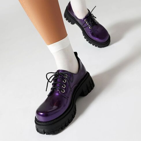 Women's Patent Leather Platform Chunky Loafers Perforated Lace-up Round Toe Wingtip Oxford Shoes Non-Slip Lug Sole Brogue Dress Shoe in Kuwait