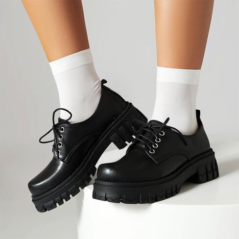 Women's Patent Leather Platform Chunky Loafers Perforated Lace-up Round Toe Wingtip Oxford Shoes Non-Slip Lug Sole Brogue Dress Shoe in Kuwait