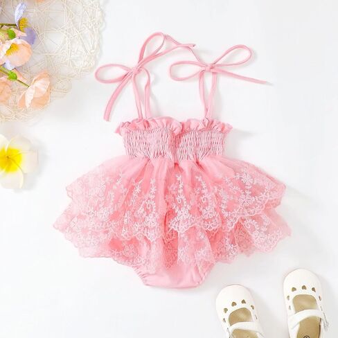 Newborn Baby Girls Romper Dress Sleeveless Pleated Halter Spaghetti Straps Tulle Bodysuit 1Pcs Summer Clothes in Kuwait