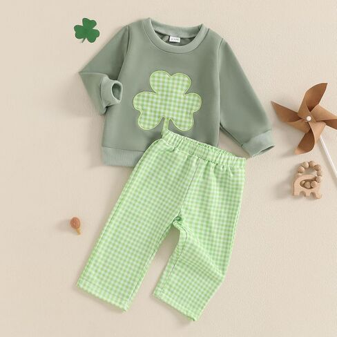Muasaaluxi Toddler Baby Boy St. Patricks Day Woath Long Sleeve Shamrock Sweatshirt Green Plaid Blaid Long Pants Set in Saudi Arabia