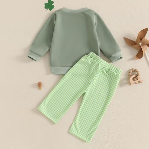 Muasaaluxi Toddler Baby Boy St. Patricks Day Woath Long Sleeve Shamrock Sweatshirt Green Plaid Blaid Long Pants Set in Saudi Arabia